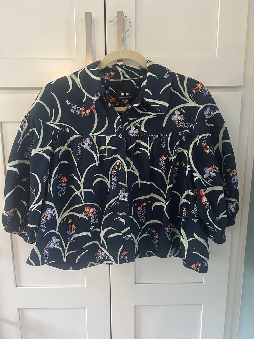 Maeve Navy Botanical Puff-Sleeve Blouse with Mint and Orange Accents